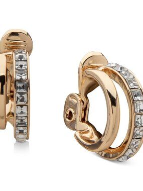 Anne Klein Gold Tone Double Row Crystal Clip-On Hoop Earrings 0.68” No Piercing